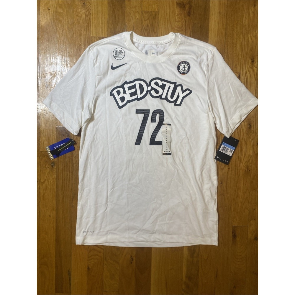 Nike NBA Mens Medium White Black Brooklyn Nets BedStuy #72 Biggie Smalls DRI FIT